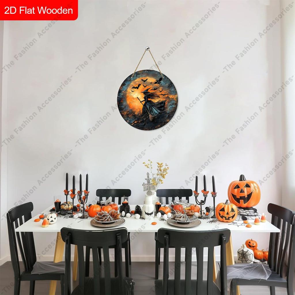 Flying Witch Broom Bat Orange Full Moon Round Wooden Hanging Sign, Halloween Front Door Wall Decor