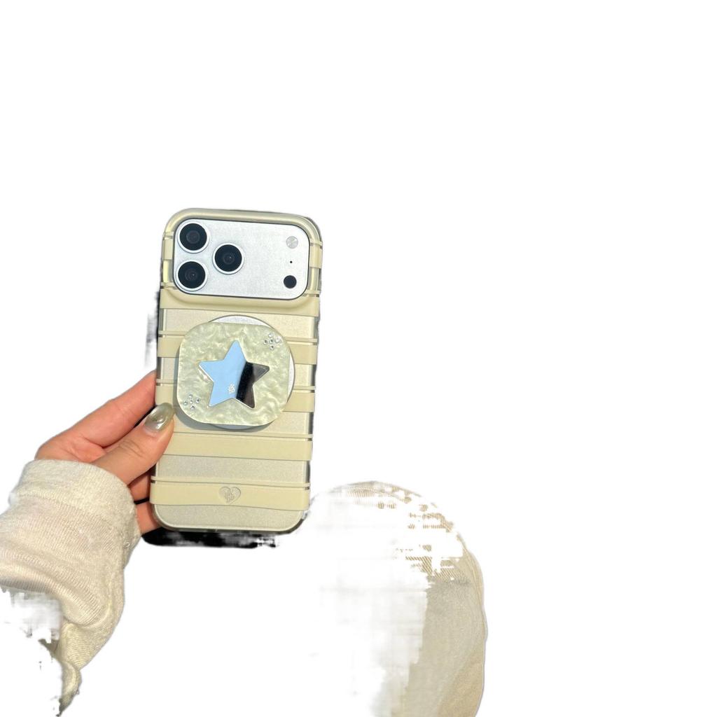 Apple 17 Pro Light Yellow Stripe Magnetic Stand Phone Case for 16 Pro Max with Rhinestone Star Mirror.
