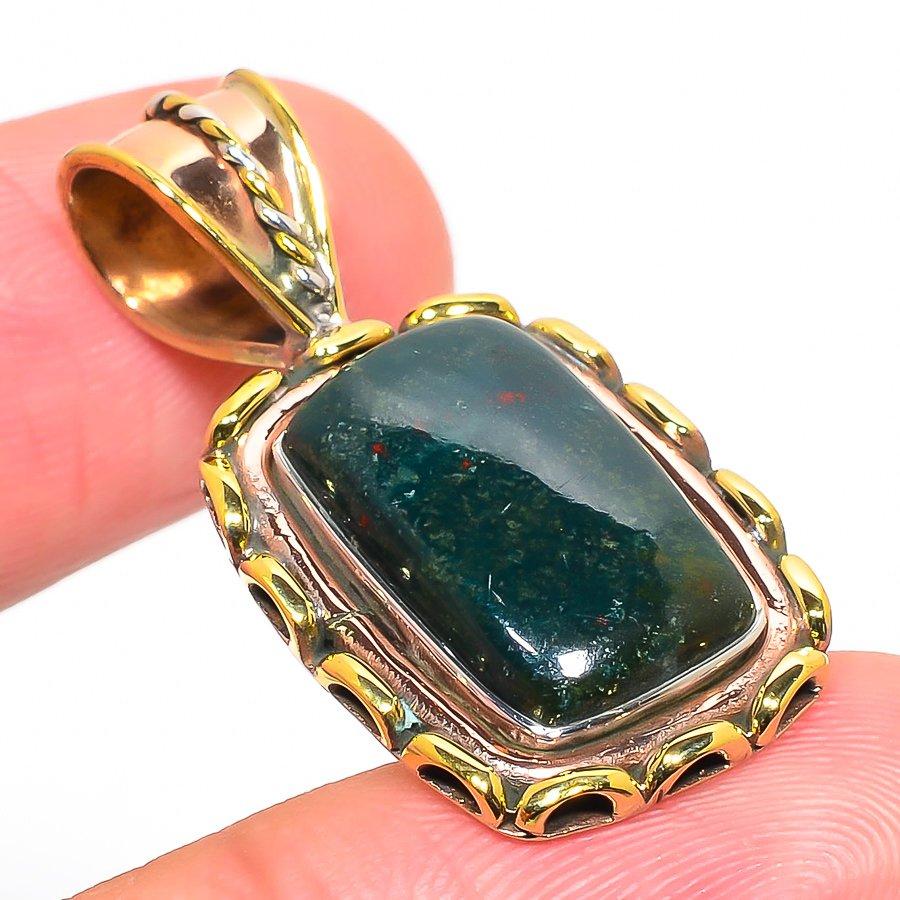 Natural Bloodstone Gemstone TwoTone 925 Solid Sterling Silver Pendant 1.50" f3t34