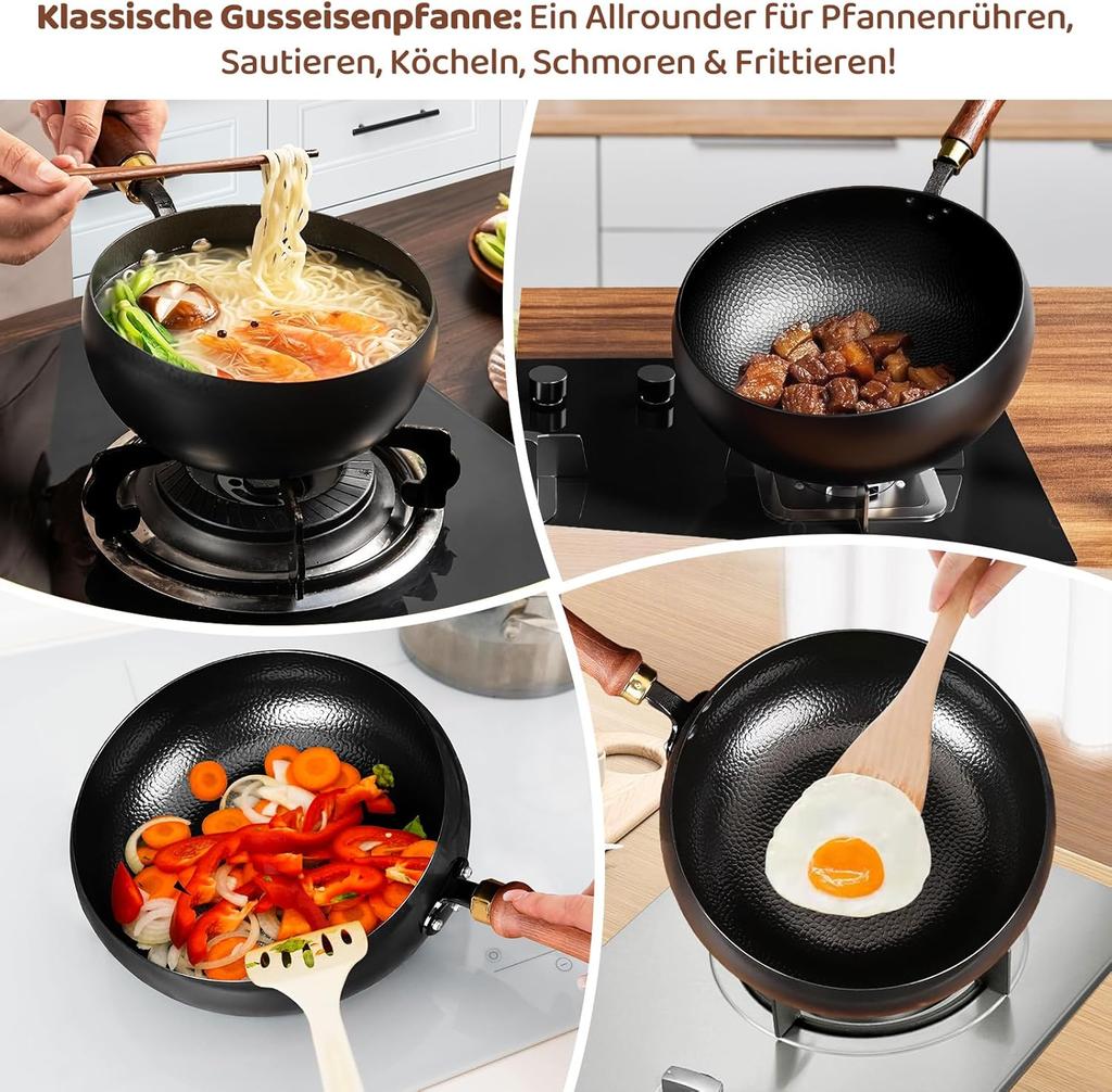 Wok antiaderent, 24 cm Wokuri și tigăi, Tigaie forjată manual, Bază plată, Tigaie wok pentru plite cu inducție, electrice și pe gaz