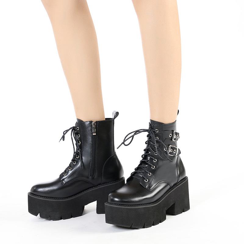 

Plain plate buckle horseshoe heel thick-soled waterproof table Martin boots microfiber short boots fashion locomotive boots women 43 чорний