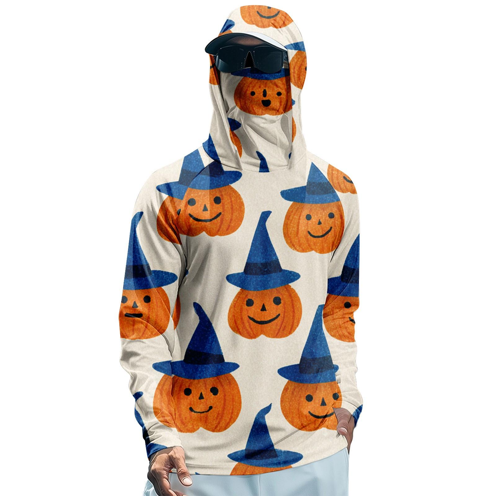 

Мужская худи реглан для рыбалки с принтами на Хэллоуин - UPF 50+ УФ защита, длинный рукав, солнцезащитная рубашка с сетчатым козырьком XXL