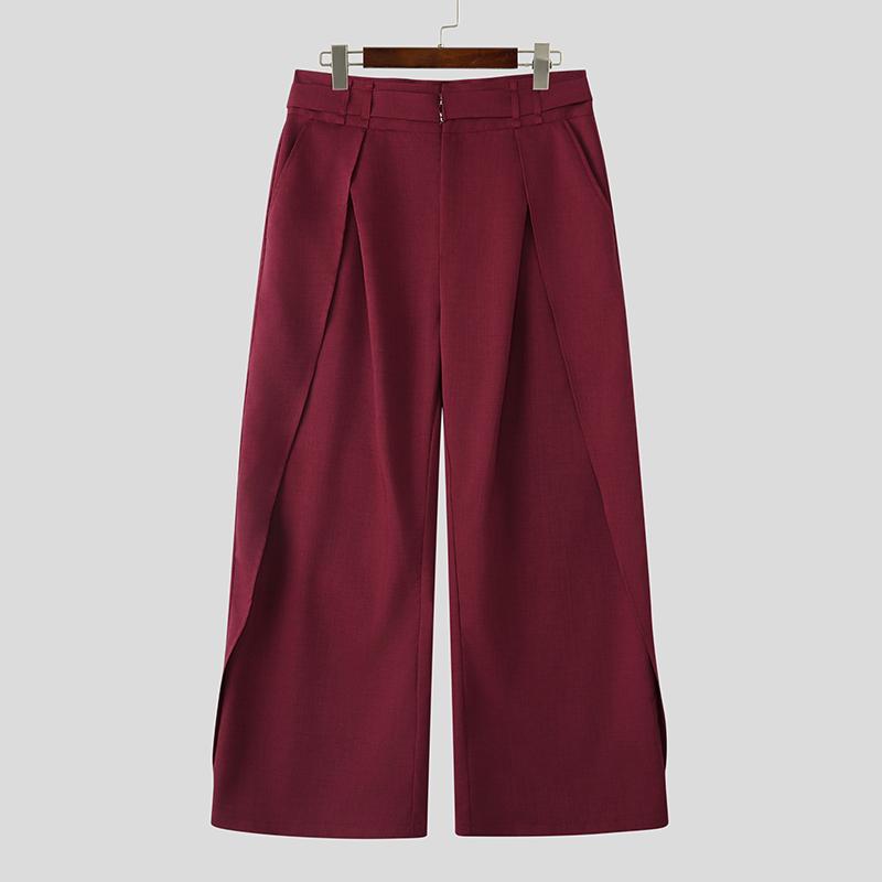 

INCERUN Мужские брюки на молнии с высокой талией, повседневные, с неровными слоями, широкими штанинами и карманами 5XL вино красного