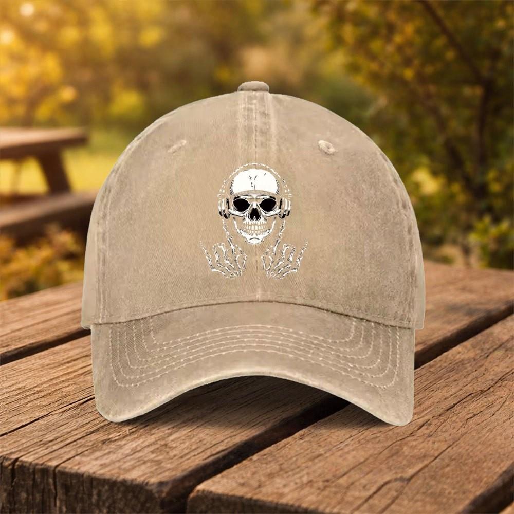Skull Headphones Rock Baseball Cap Distressed Washed Cotton Adjustable Snapback Hat for Unisex