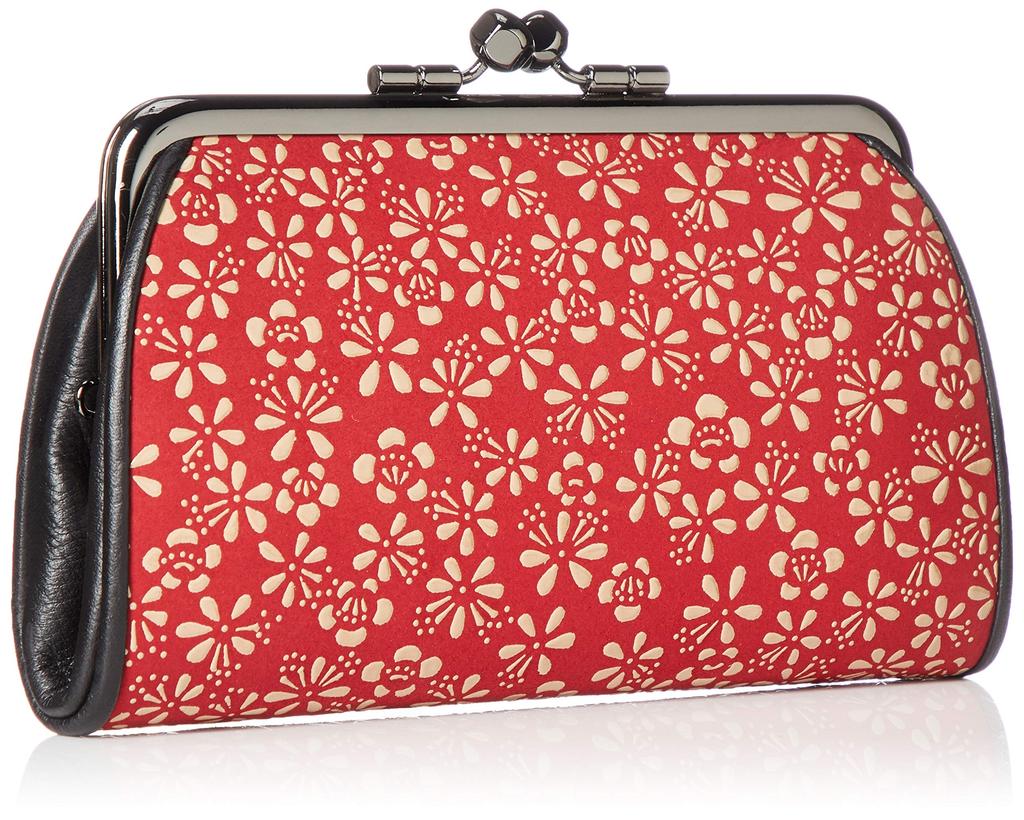 Indenya Parent-Child Clasp Coin Purse 340, Red Deer Leather with White Lacquer, Plum Blossom Pattern, 1501-13-148