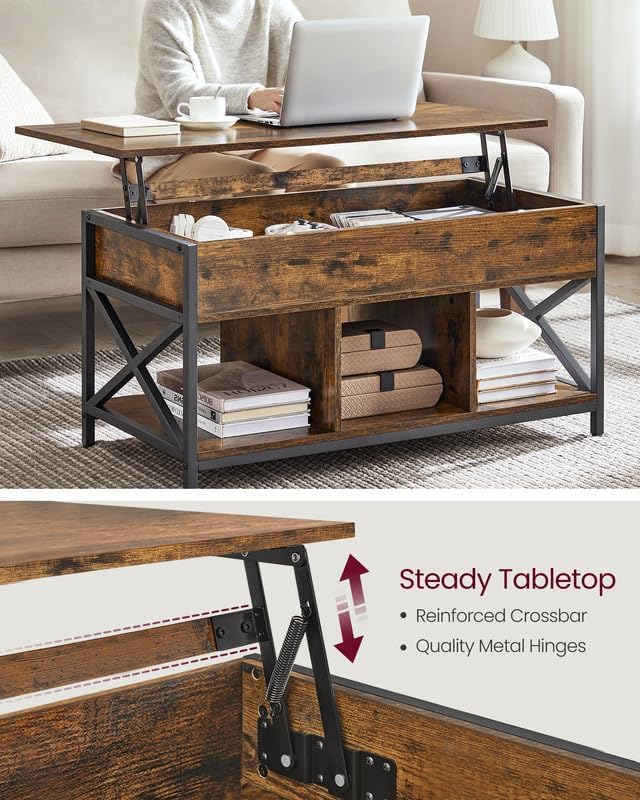 VASAGLE Lift Top Coffee Table, Lift Coffee Table with Storage Shelf, Hidden Compartments and Lifting Top, for Living Room, Office