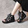 Leather Wedge Heel Platform Fish Mouth High Heels New Spring and Summer Casual Cool Boots Women's Hollow High-top Sandals