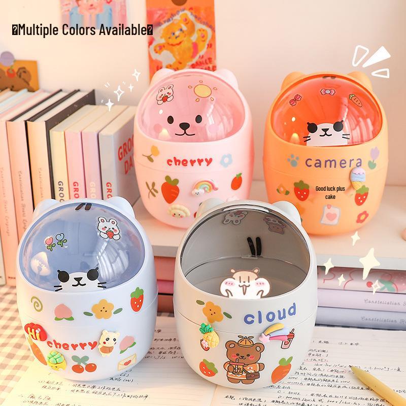 Mini Flip-Top Desktop Trash Can & Pen Holder with Lid - Cute DIY Storage for Bedroom or Office
