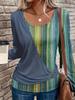 Women Elegant Striped Long Sleeve T-shirt U Neck Printed Casual Fashion Collarless Pullover Top