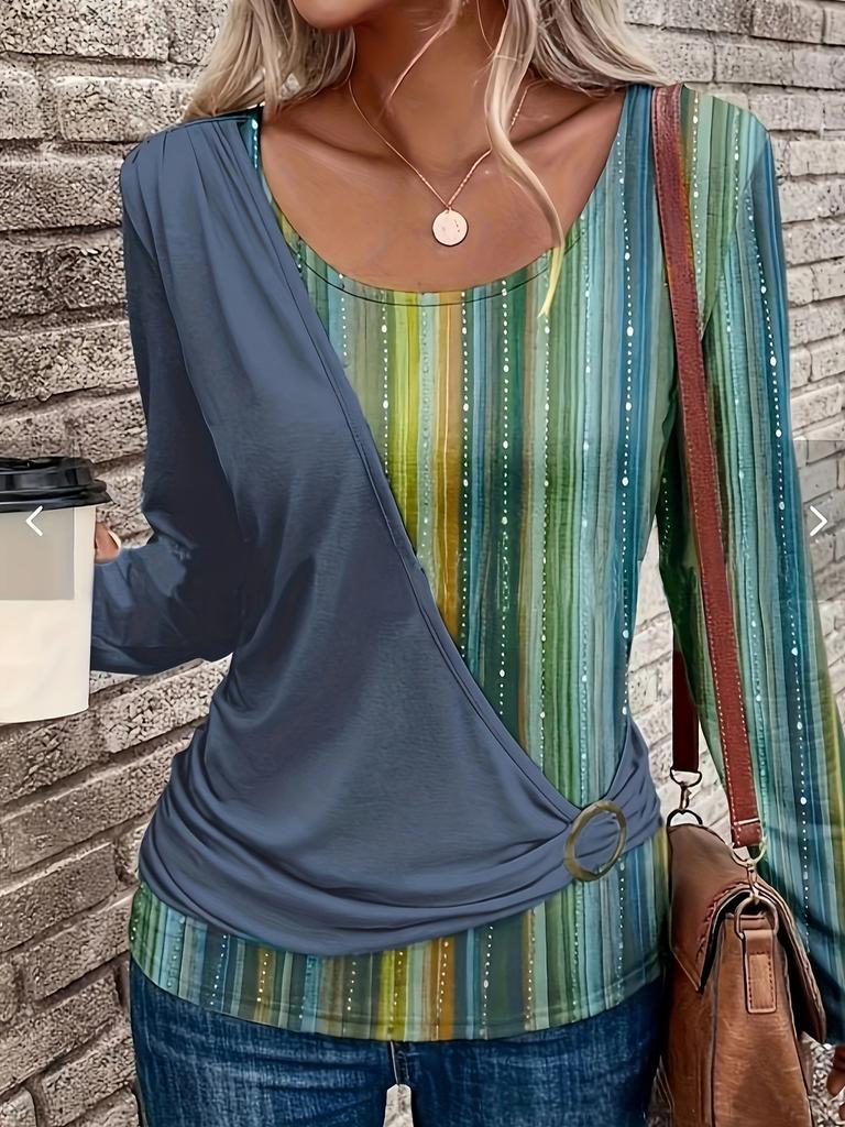 Women Elegant Striped Long Sleeve T-shirt U Neck Printed Casual Fashion Collarless Pullover Top