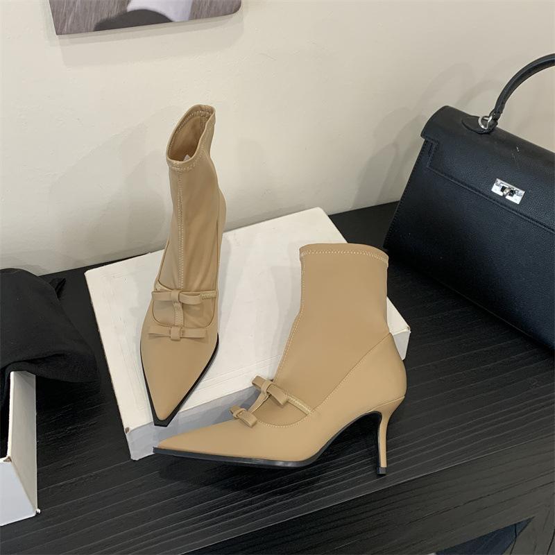 Rich and noble bow-tied pointed-toed thin-heeled short boots women's retro versatile thin boots niche design fashion short boots