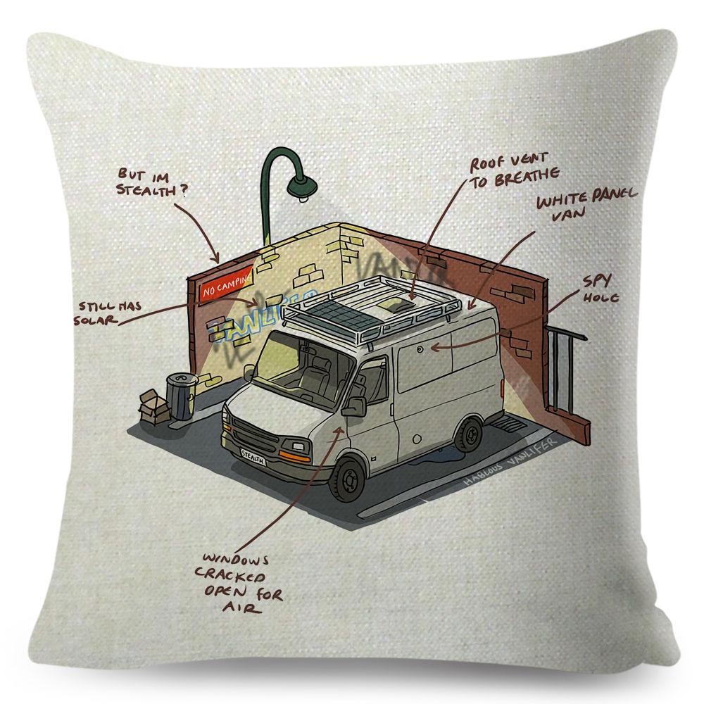 Van Life Pillow Case Decor Cartoon Camper House Travel Car Cushion Cover for Sofa Home Children Room Vanlife Pillowcase 45x45cm