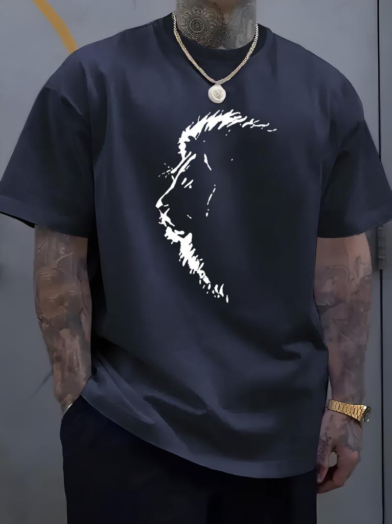 Male Black Round Neck T Shirt Distressed White Sketch Beard Unisex Profile Simple Monochrome Portrait Daily Soft Cotton Tees