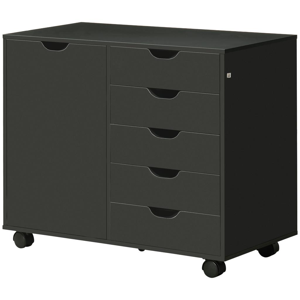 Office Cabinet With 5 Drawers 1 Door Adjustable Shelf Printer Stand On Wheels 78x40x66.5 Cm Black