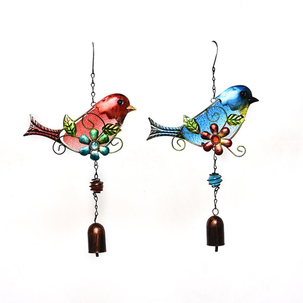 Rustic Bird Wind Chime Iron Wall Decor Metal Glass Painted Bell Hanging Ornament 37x20cm