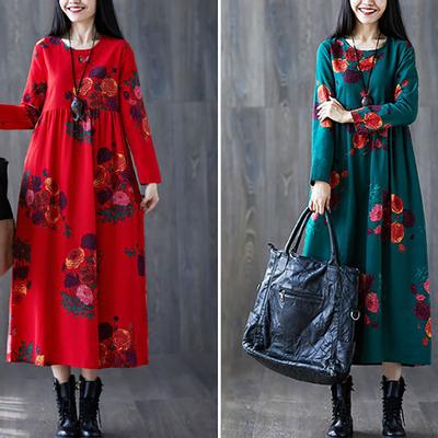Ladies Spring and Autumn Long-sleeved Dress Retro Loose Large Size Ethnic Style Long Print New A-line Skirt