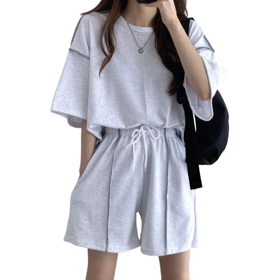 

Летний спортивный костюм из 2 шт./компл. с круглым вырезом и половиной рукавов, топ на шнурке, однотонные шорты с высокой эластичной резинкой на талии 3XL серый