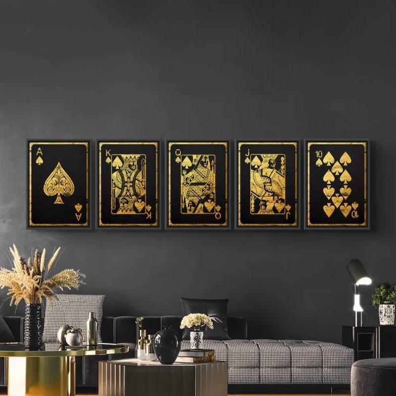Gold Royal Flush of Spades Poster Playing Poker Cards Canvas Painting Wall Art for Cool Man Cave or Basement Game Room Decor