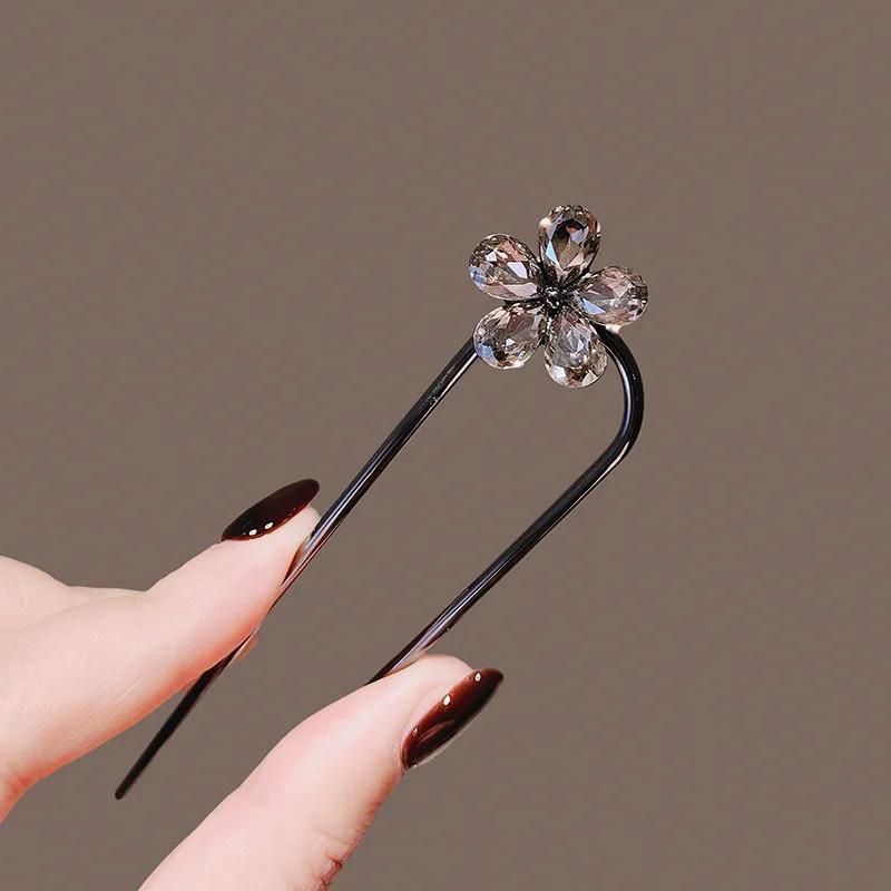 Elegant Rhinestone Flower U-Shaped Hairpin for Women, Simple Black Color Hair Sticks, Summer Hair Accessories