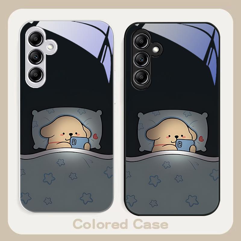 Staying Up Late Dog Male For Samsung Galaxy A01 02 03 Core A04 A14 4G A13 54 34 31 20 25 23 22 5G S21 Ultra S20 Glass Phone Case