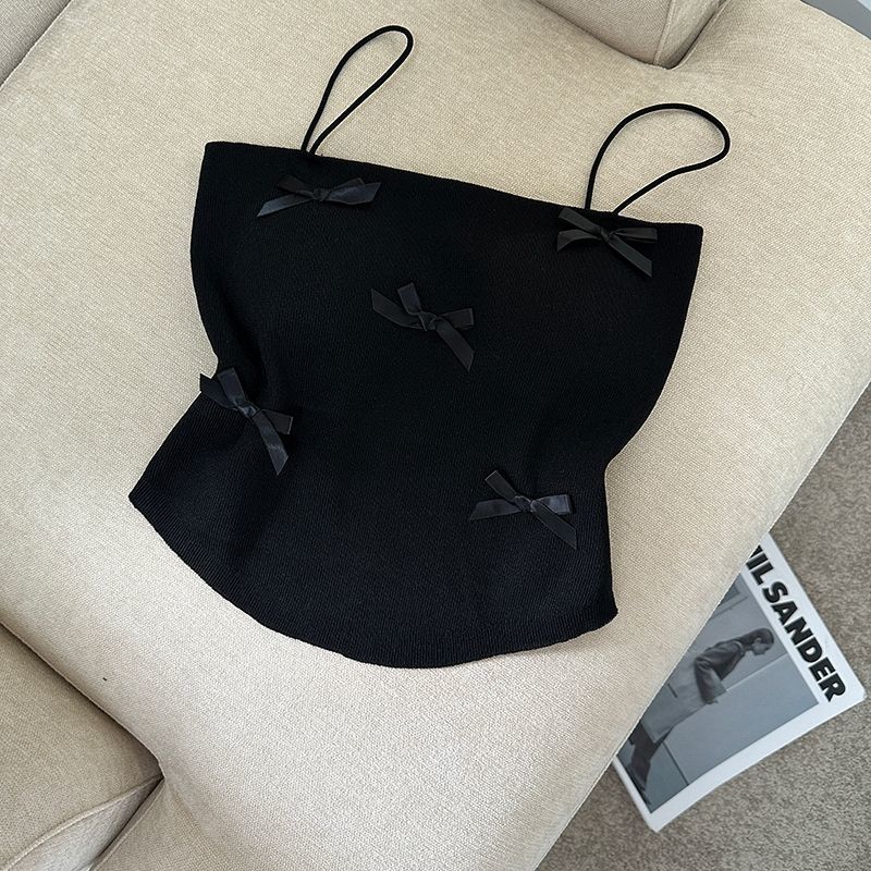 Women's Sweet Pink Bow Embellished Spaghetti Strap Knit Tank Top