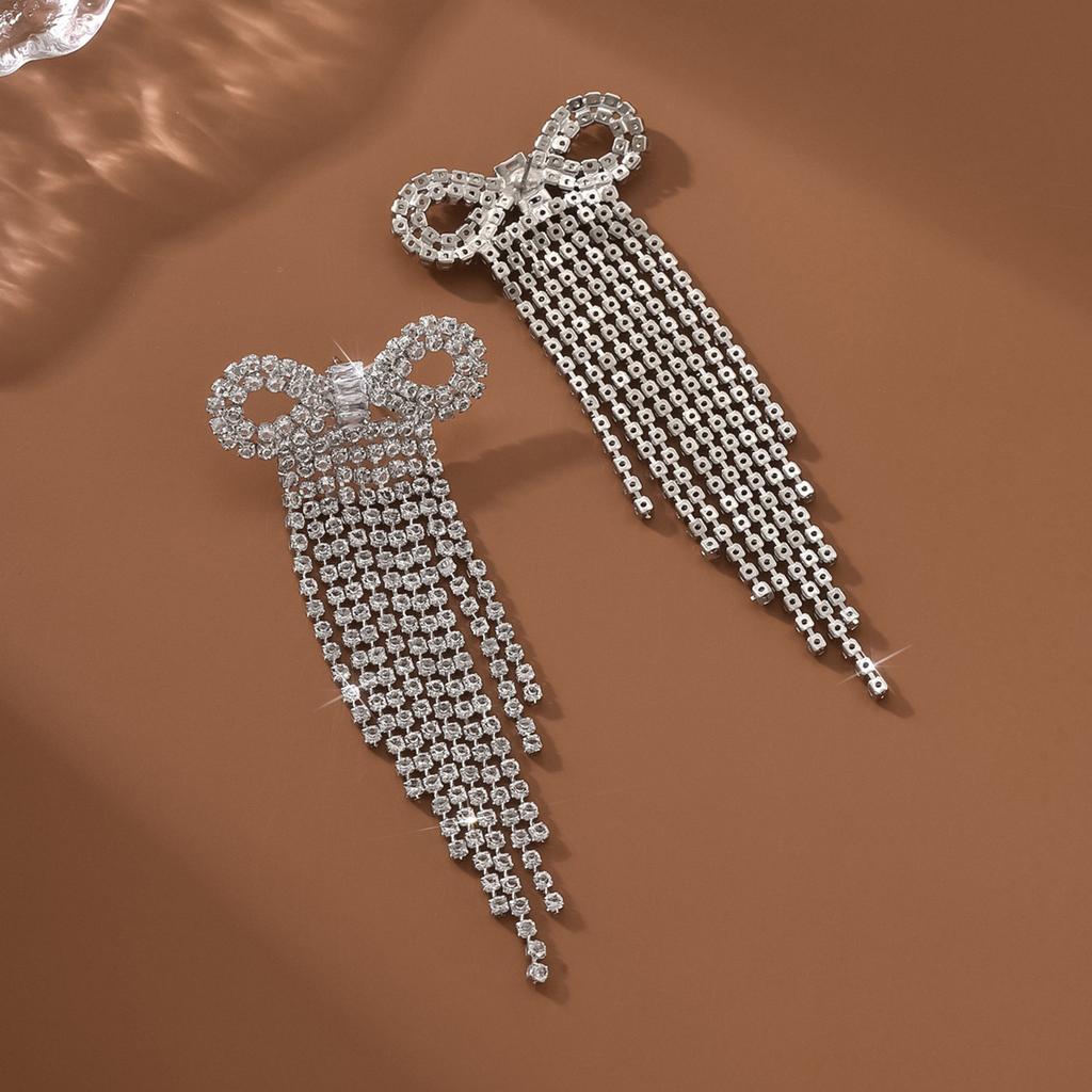 Bow Full Diamond Tassel High Sense Light Luxury Personalized Design Sense Earrings Temperament Earrings