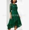 Lace Splicing Chiffon Dress with Seven-quarter Sleeves, Asymmetrical Hem, Elegant Temperament Women's Clothing Medium and Long Skirt