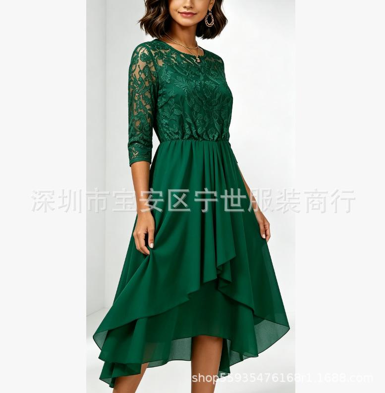 Lace Splicing Chiffon Dress with Seven-quarter Sleeves, Asymmetrical Hem, Elegant Temperament Women's Clothing Medium and Long Skirt