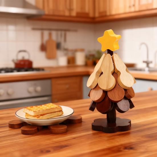 Tree Shape Wooden Trivets Set Foldable Kitchen Coasters Creative Heat Resistant Hot Pot Holders Decorative Placemat for Home Kitchen Restaurant