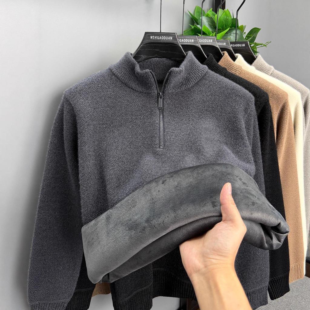 Herren Winter Chenille Pullover - Verdickter Halbhoher Kragen Reißverschluss - Warme Samtgefütterte Basisschicht