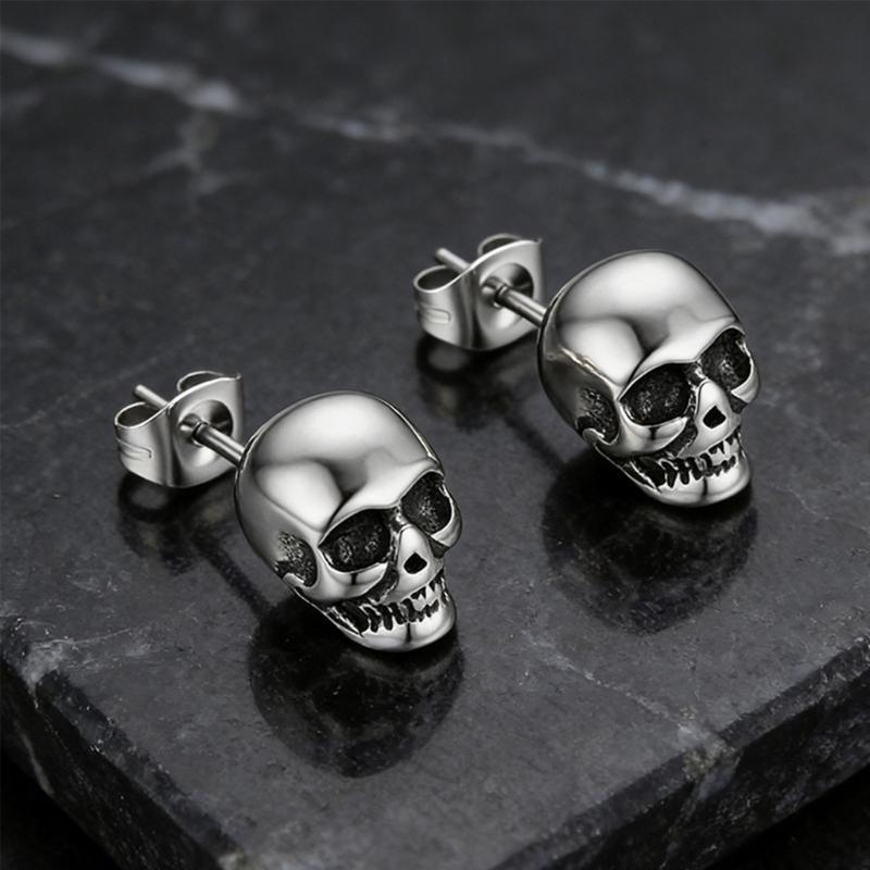 Skull Studs Pair, Vintage Gothic Alloy Design with Stud Back Closure for Halloween Parties and Edgy Outfit Styling
