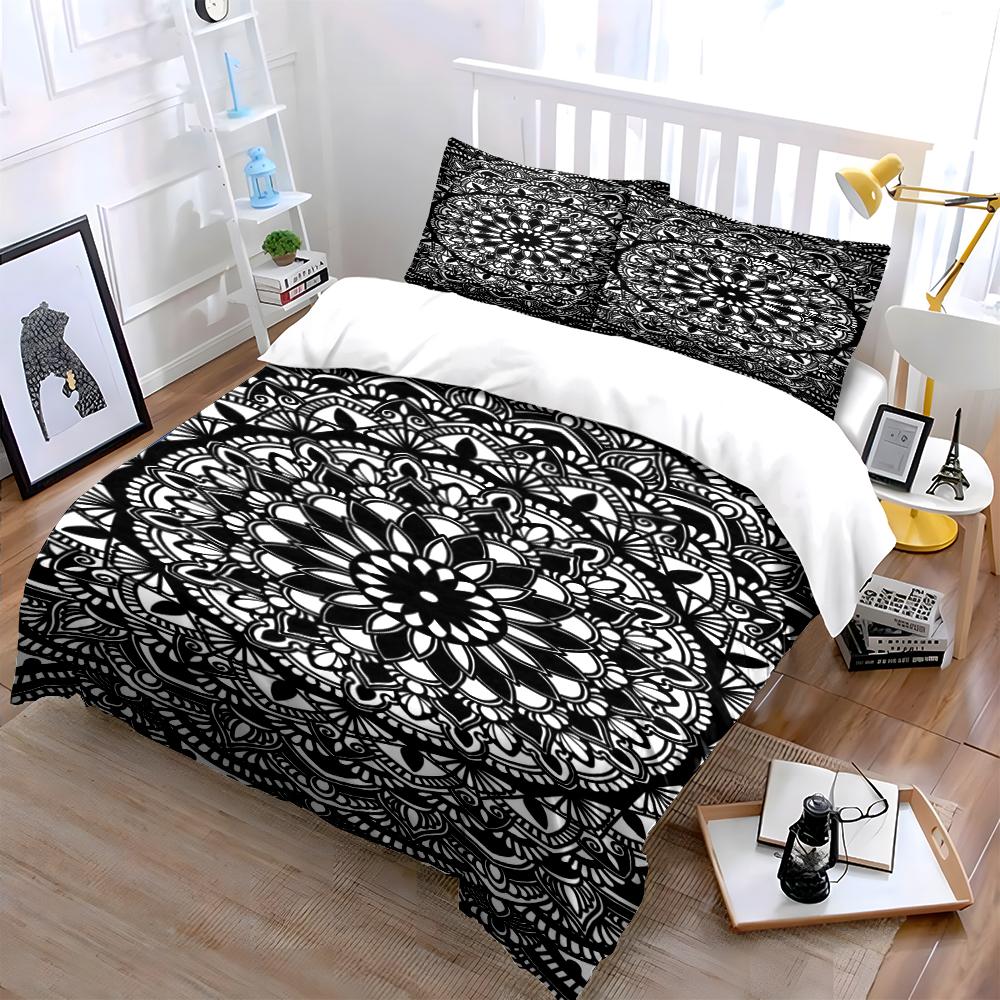 Mandala Flower Black and White Bedding Set Bedding set (1 duvet cover, 2 pillowcases, duvet not included)
