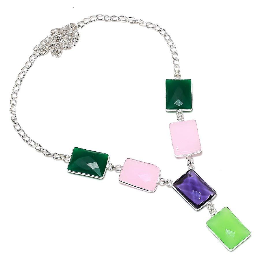 

Natural Green Chalcedony, Amethyst 925 Sterling Silver Jewelry Necklace 18 r6C07