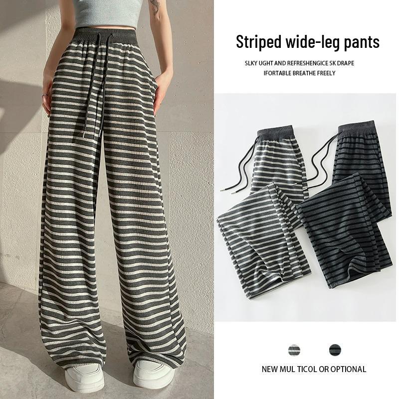 Women's Retro Striped Elastic Waist Casual Pants - Black & White Floor-Length Trousers for Autumn/Spring.