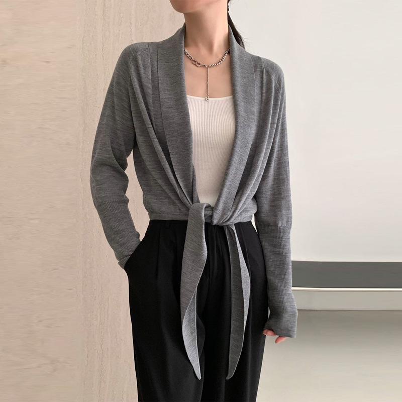 Women's Premium 100% Wool Knit Draped Cardigan - Simple, Versatile, High-Waisted, Short, Tie-Up, Lightweight Outerwear