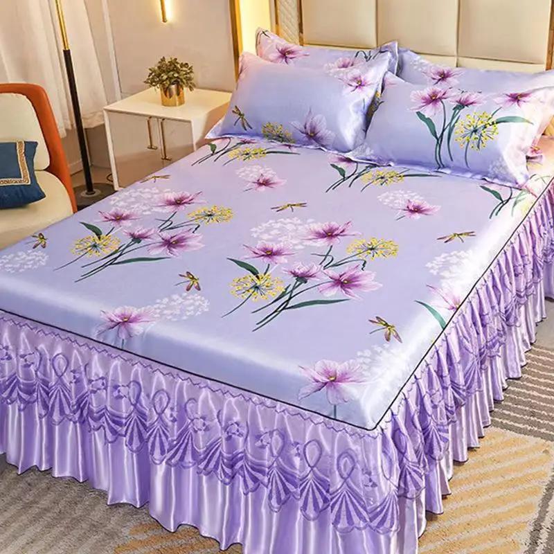 3 Teile/los Doppelbettlaken-Set, klassische Spitze, Königsblau, Bettlaken, Bettrock, maschinenwaschbar, Hochzeit, Tagesdecke, Matratzenbezug