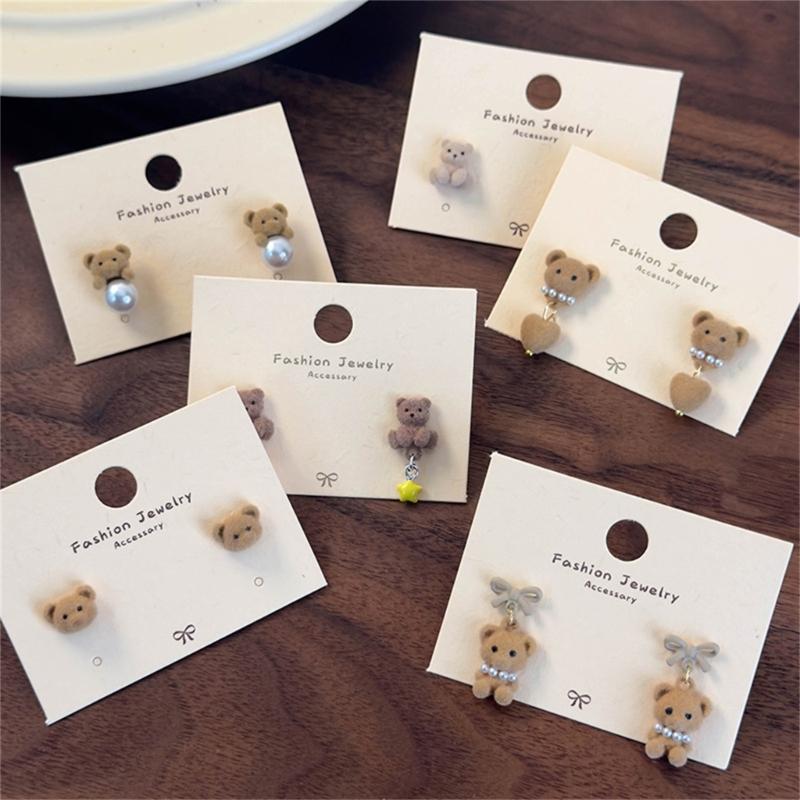 Autumn Winter Earrings Coffee Colored Flocking Bear Earrings Sweet Cartoon Style Ear Studs Suitable for Trendy Women