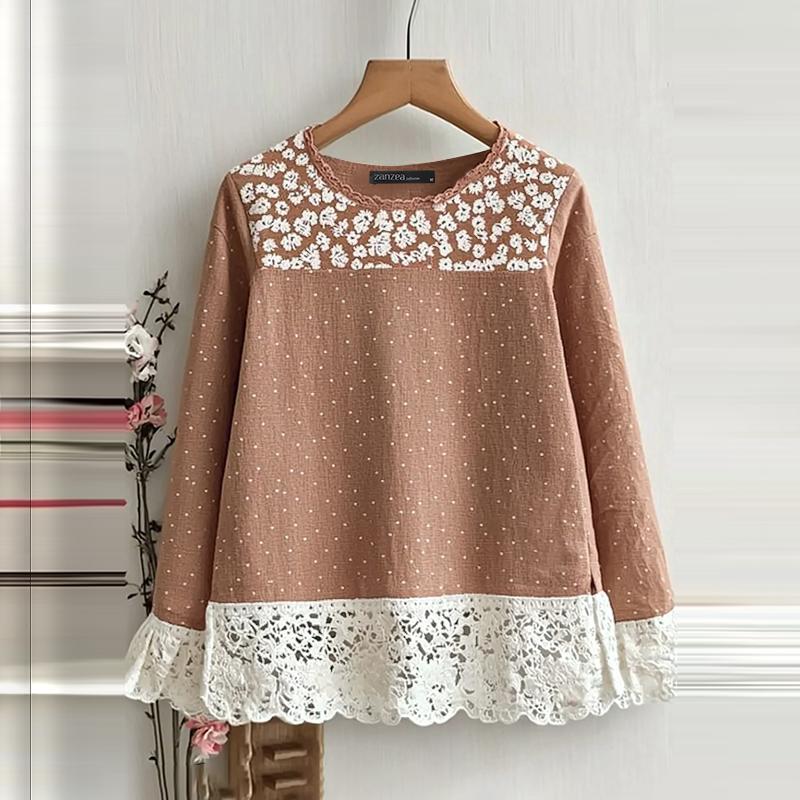 

ZANZEA Женские повседневные блузки с круглым вырезом и длинным рукавом с принтом в горошек и кружевом