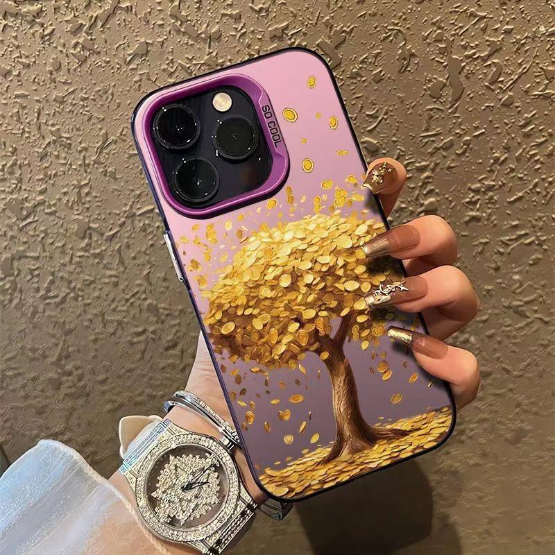 Silberne Muschel Goldener Baum Handyhülle für Apple 17/16/15 Pro, 14 Pro Max, 13/12 Modelle.