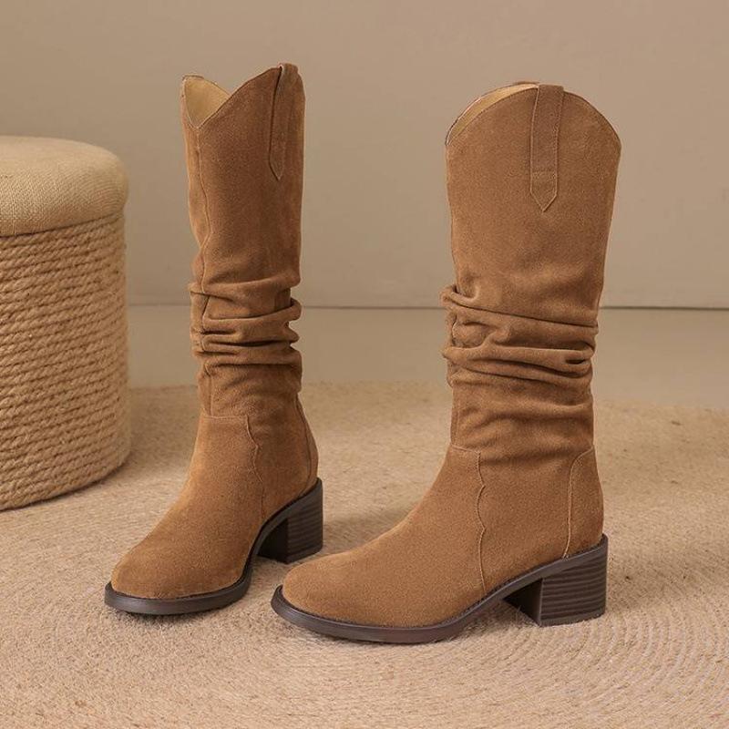 

New women s versatile high boots comfortable cowhide large size women s boots solid color sleeve autumn and winter middle heel round head fashion boot 39