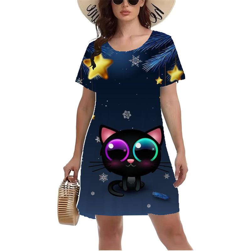 Lustiges 3D Katzenmuster Bedrucktes Kleid Damen Harajuku Streetwear Lässig O-Ausschnitt Kurzarm Mini Kleid Übergröße 6XL Damen Sommerkleid