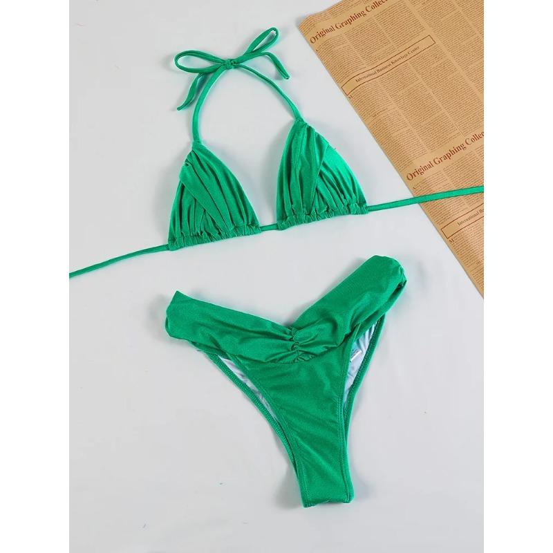 

Плиссированный бразильский комплект бикини, сексуальные микробикини, женский купальник 2023 года, женский купальник-треугольник, пляжная одежда, купальный костюм S зелёный