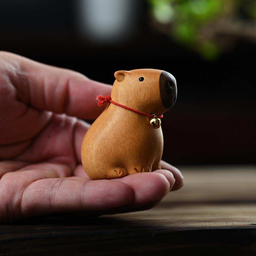 Cute Cartoon Capybara Desktop Figurine Handcrafted with Bell Collar Mini Animal Sculpture Wooden Carved Figurine Home Ornament