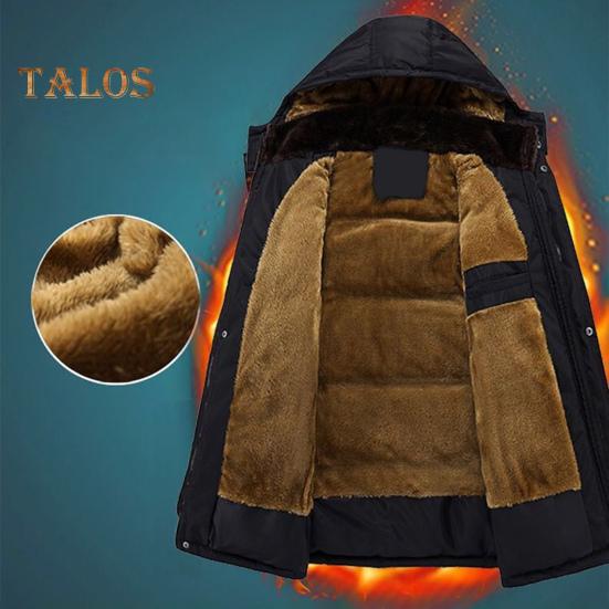 Men Cotton Coat Stand Collar Hooded Long Sleeve Zipper Buttons Placket Jacket Coat Solid Color Thickened Plush Lining Mid-Length Jacket