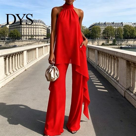 Comfortable Women Outfit Women's Chiffon 2 Piece Sets, Asymmetrical Halter Sleeveless Tops with Plus Size Casual Suit Wide Leg Pants Summer