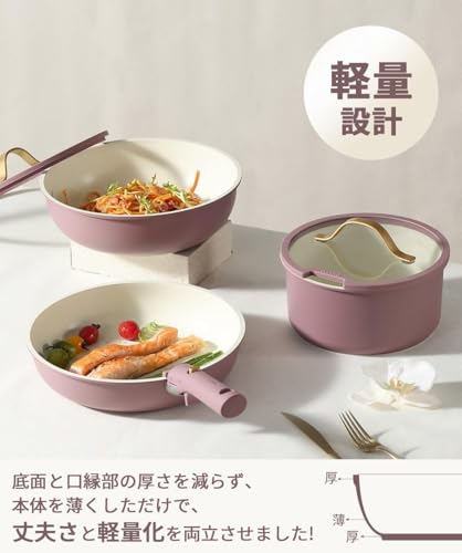 CAROTE 5-Piece Frying Pan Set (Cookware Set) - IH & Gas Stove Compatible, PFOA & PFOS Free, Detachable Handle, Marble Coating, Non-stick, Easy to Clea