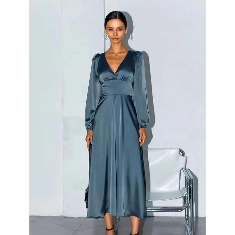 

Fashion Style Elegant Lantern Sleeve Dress Banquet Dress V-Neck Lantern Sleeve Dress Blue M