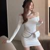 Damen Schulterfreies Langarm Bodycon Kurzes Kleid Mit Kreuzträgern Kragen Einfarbig Party Club Bodycon Kleider Schlankes Minikleid