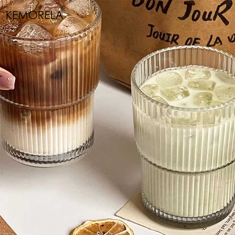 1/2PCS 380ml Stripe Glass Cup Transparent Glasses With Lid and Straw Ice Coffee Mug Tea Cup Juice Glass Milk Water Cup Drinkware