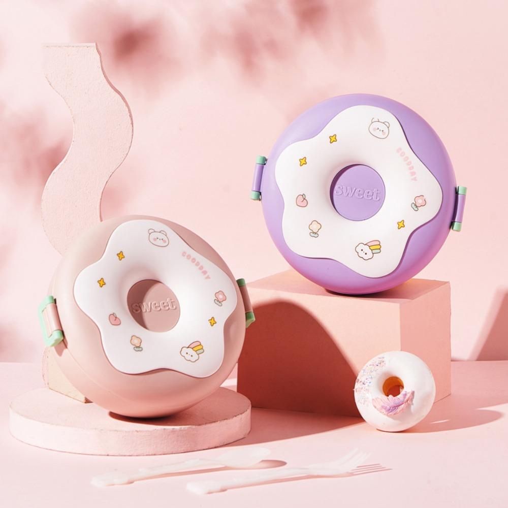Plastic Food Container Round Shaped Food Storage Box Cute Donut Lunch Box  Girls Children Students